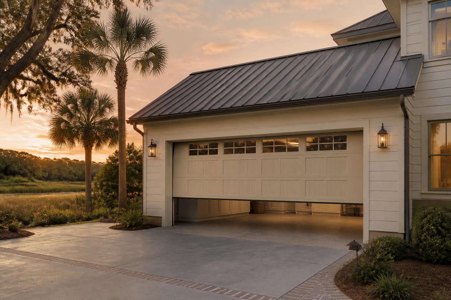 Coastal Lowcountry home in Savannah, GA with a newly serviced carriage-style garage door at golden hour
